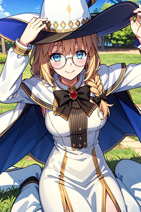 01969-2829391588-Morgan, hat, braid, solo, 1girl, looking at viewer, glasses, bangs, white headwear, blush, brooch, white capelet, animatic, cape.png